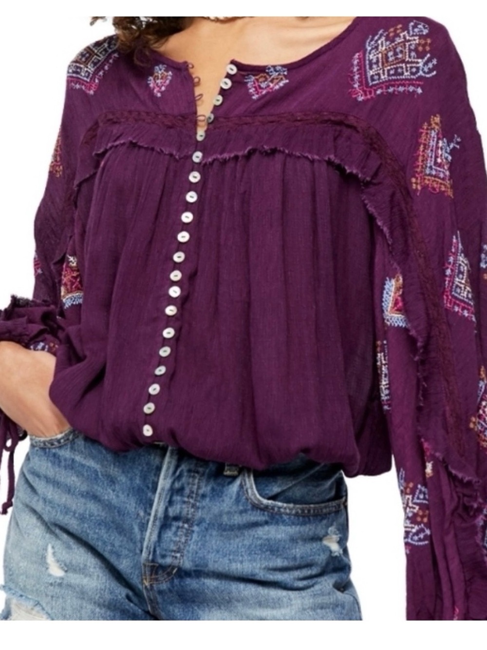 Free People Sweet Emotion Plum Embroidered Button-Front Peasant Blouse